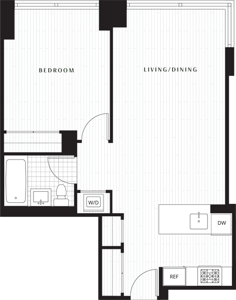 Floor plan for 1 bed, 1 bath, 680 sqft